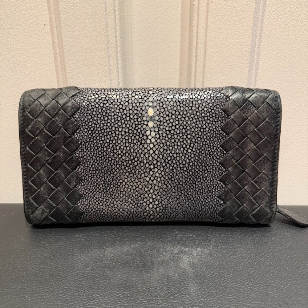 Rare Bottega Veneta Intrecciato Black Leather Nappa Long Wallet w/ Stingray - Picture 5 of 10